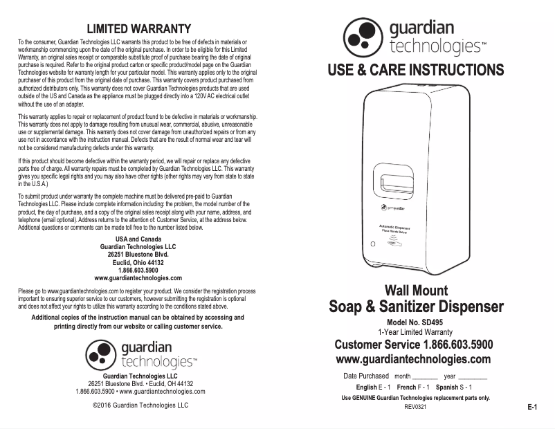 Página 1 del manual Manual de usuario PureGuardian SD495