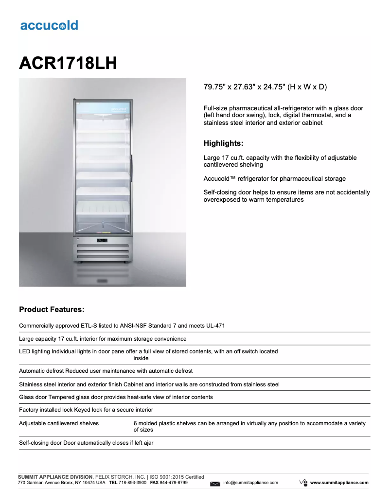 Image de la première page du manuel de l'appareil Accucold ACR1718LH