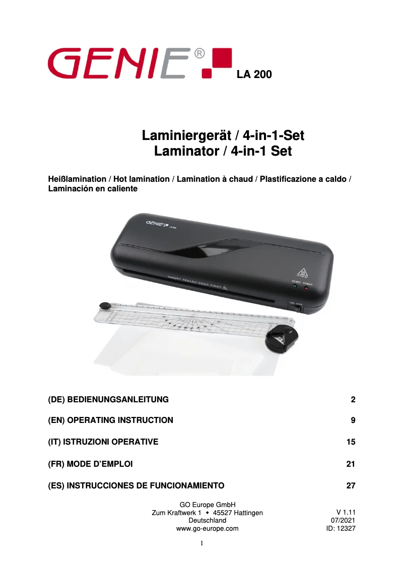 Page 1 of the manual User Manual Genie LA 200