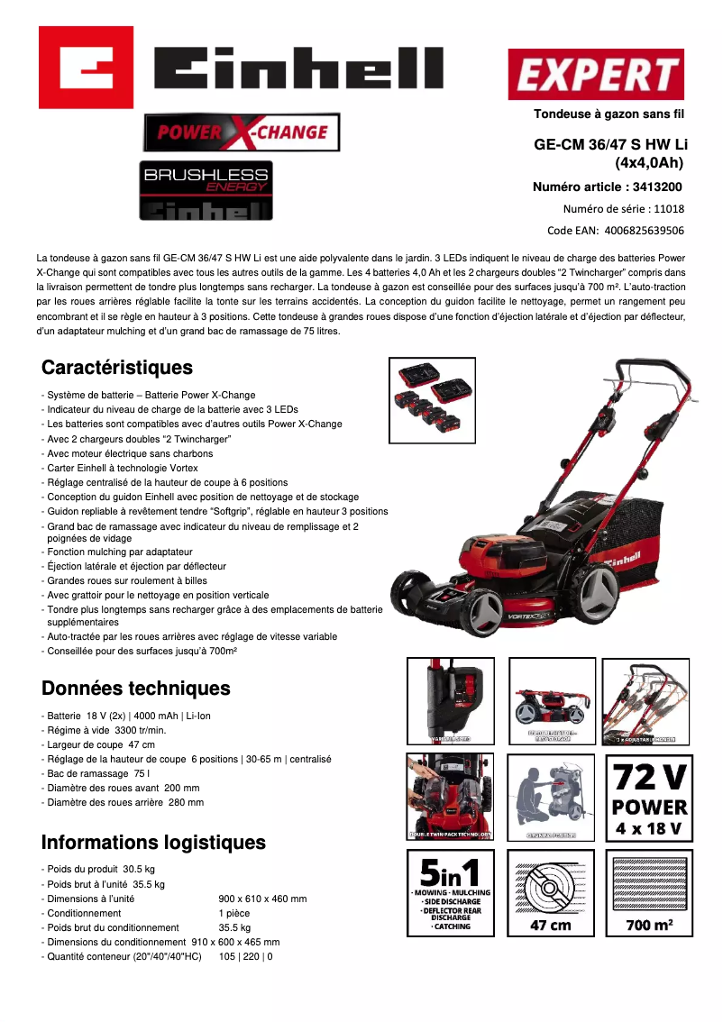 Page 1 de la notice Fiche technique Einhell GP-CM 36/47 S HW Li