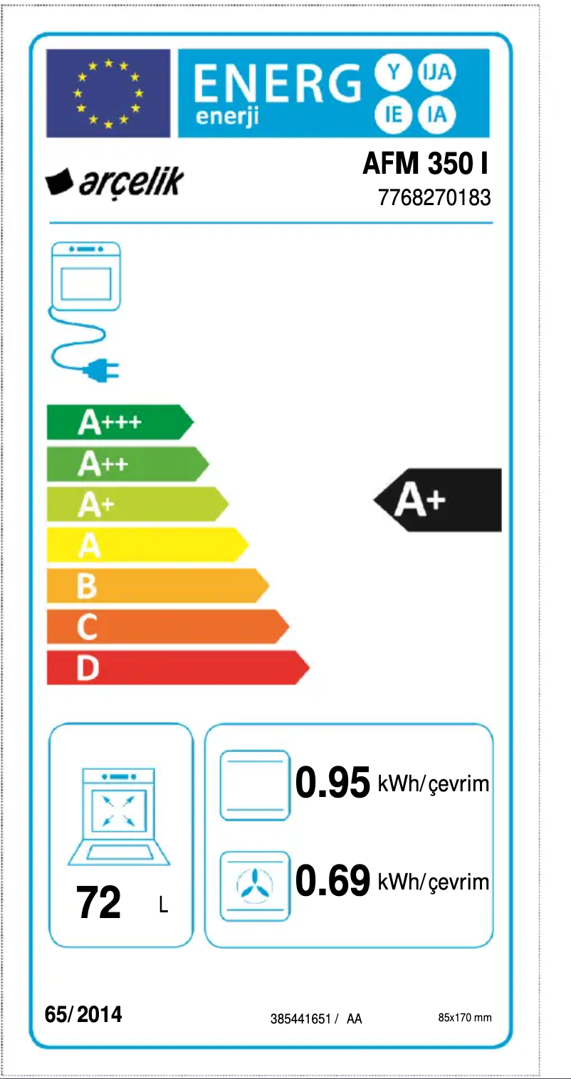 Page 1 de la notice Label énergétique Arçelik AFM 350 I