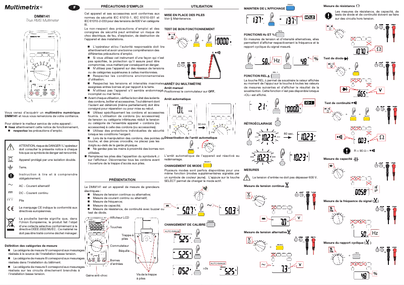 Page 1 de la notice Manuel utilisateur Multimetrix DMM141