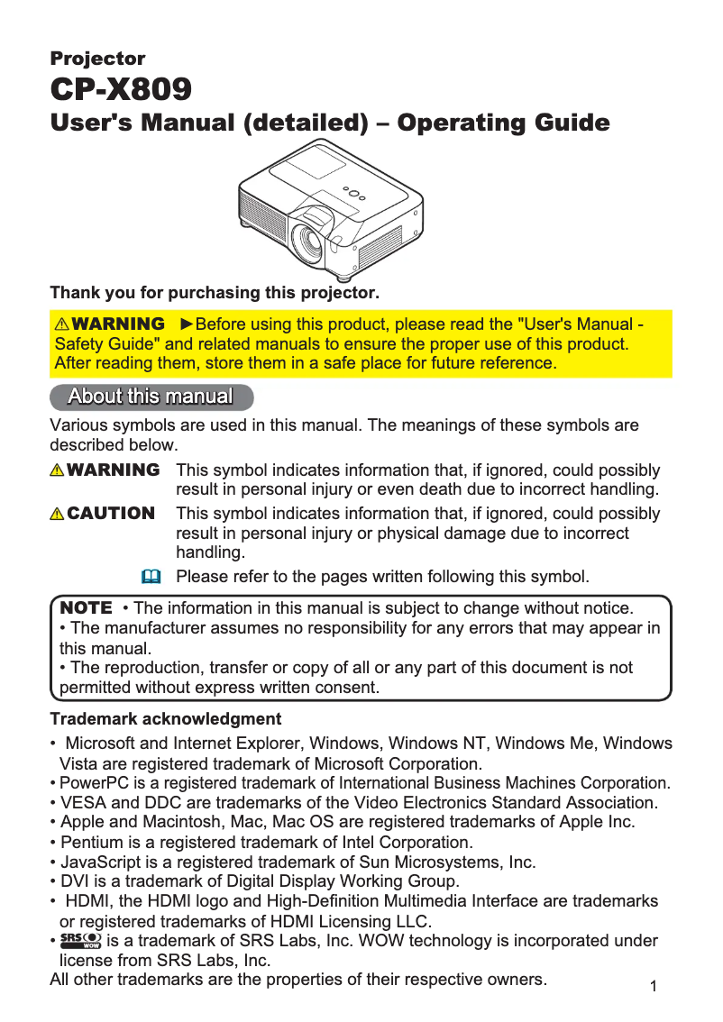 Page 1 de la notice Manuel utilisateur Hitachi CP-X809W
