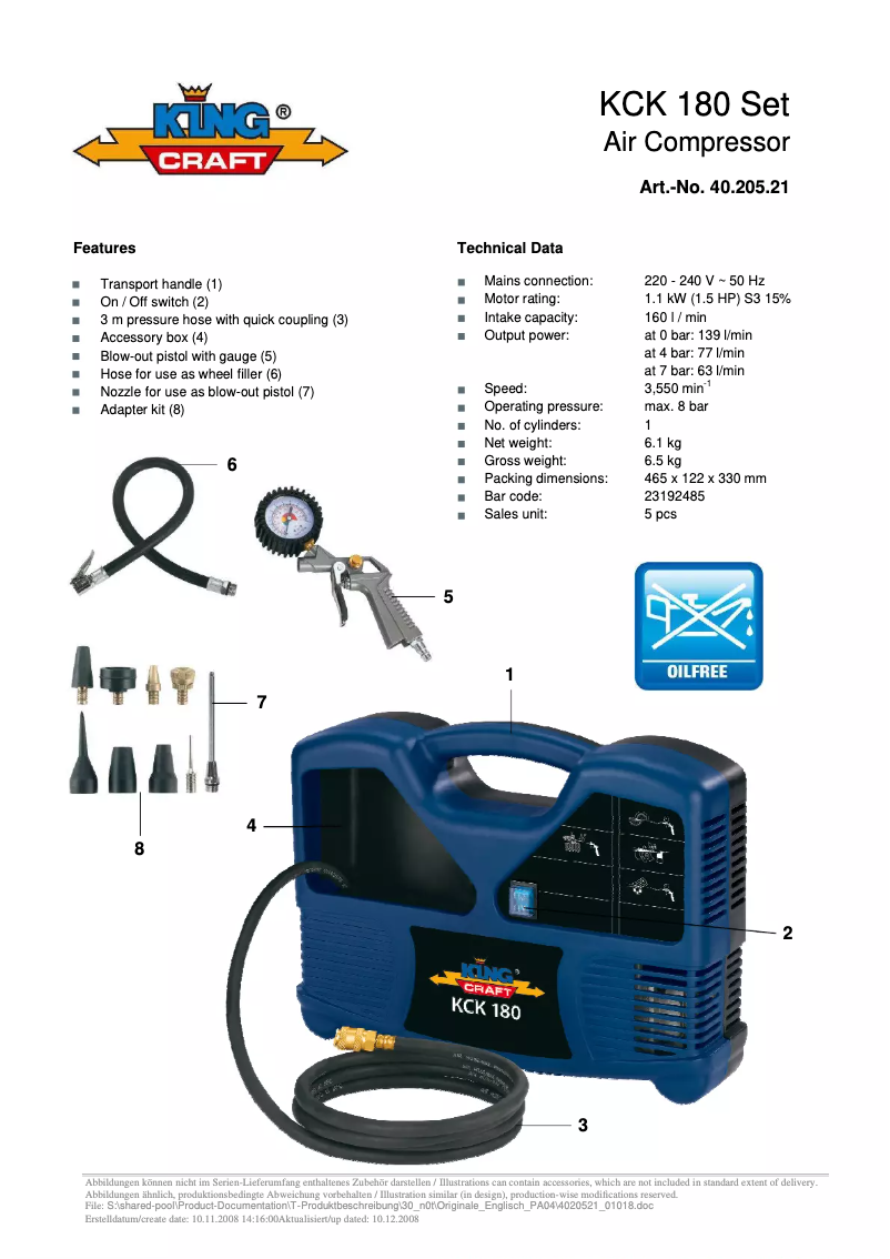 Page 1 de la notice Manuel utilisateur King Craft KCK 180