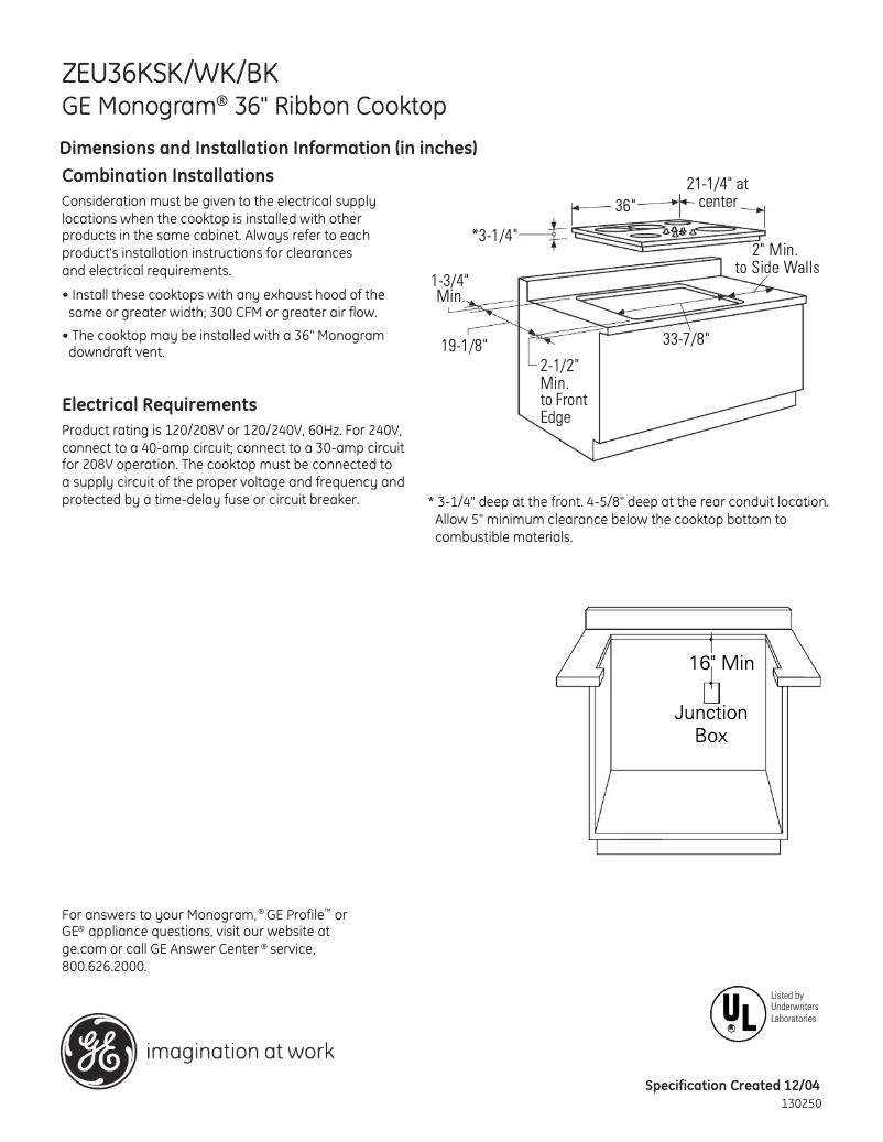 Page 1 of the manual Technical Sheet GE ZEU36KBKBB