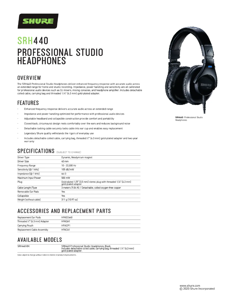 Page 1 de la notice Fiche technique Shure SRH440