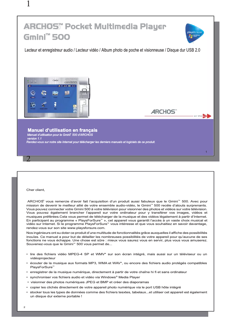 Page n°1 - Manuel utilisateur Archos Gmini 500