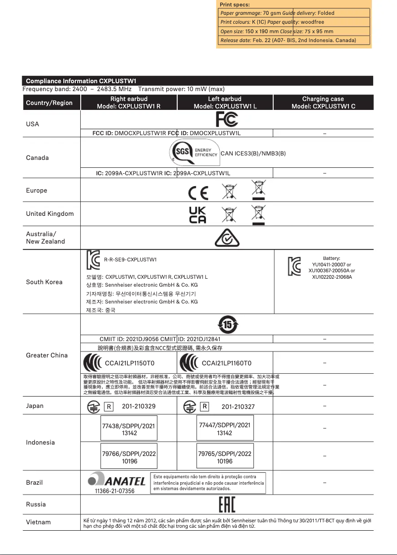 Page n°1 - Instructions de sécurité Sennheiser CX Plus True Wireless