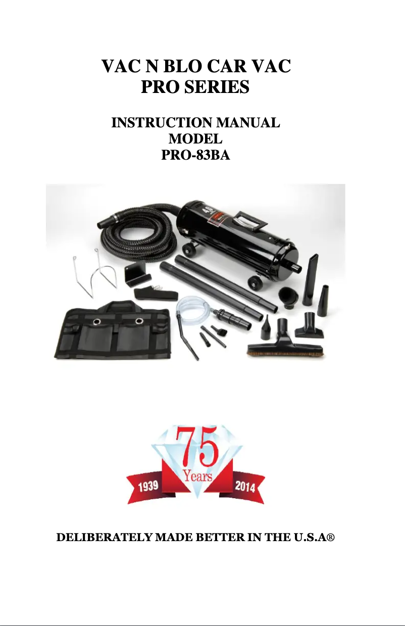 Image de la première page du manuel de l'appareil Vac N Blo PRO-83BA