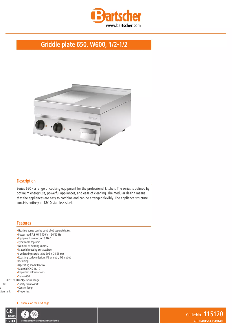 Page 1 de la notice Fiche technique Bartscher 115120