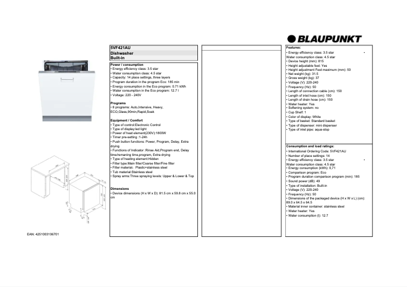 Page n°1 - Fiche technique Blaupunkt 5VF421AU
