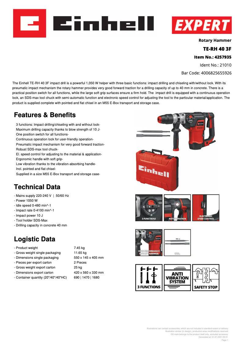 Page 1 de la notice Fiche technique Einhell TE-RH 40 3F