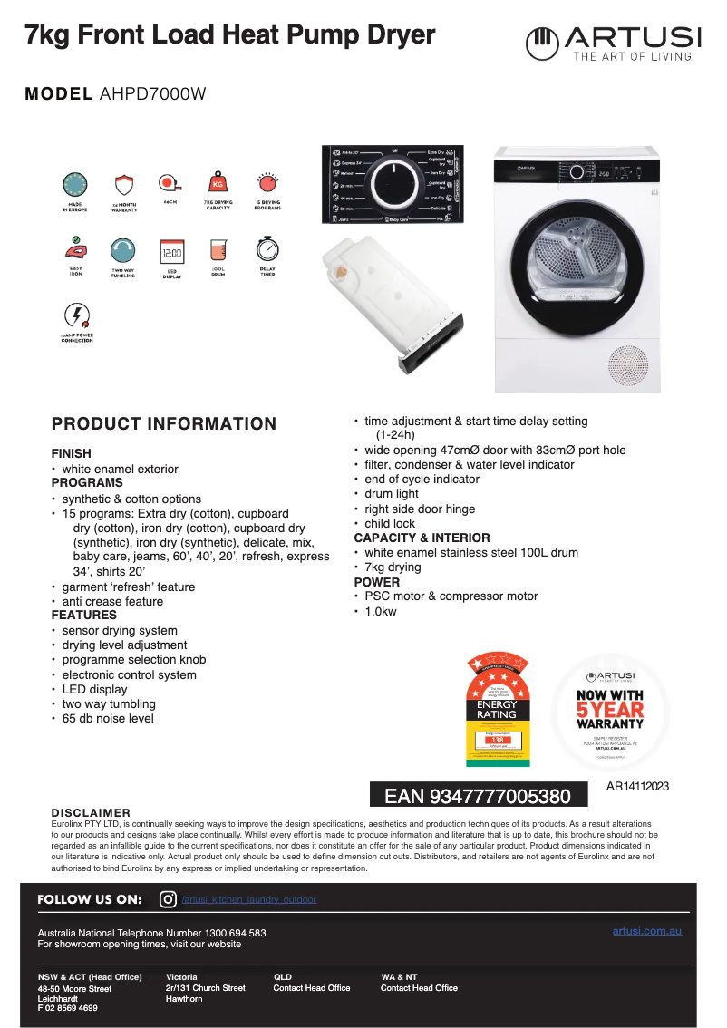 Page 1 of the manual Technical Sheet Artusi AHPD7000W