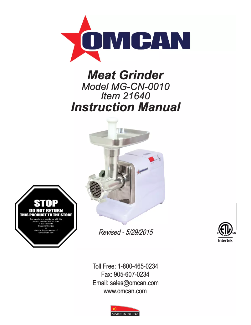 Page 1 de la notice Manuel utilisateur Omcan MG-CN-0010