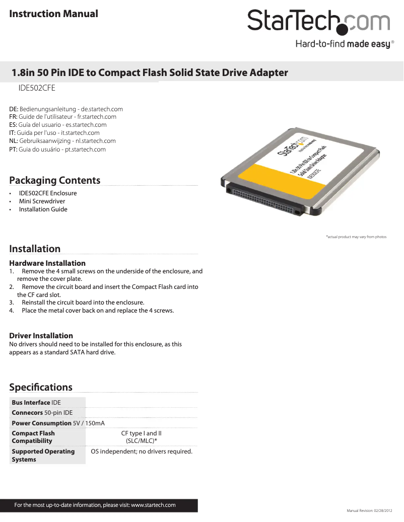 Imagen de la primera página del manual del dispositivo IDE502CFE
