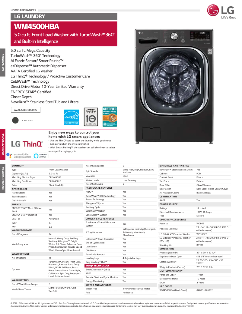 Page 1 de la notice Fiche technique LG WM4500HBA