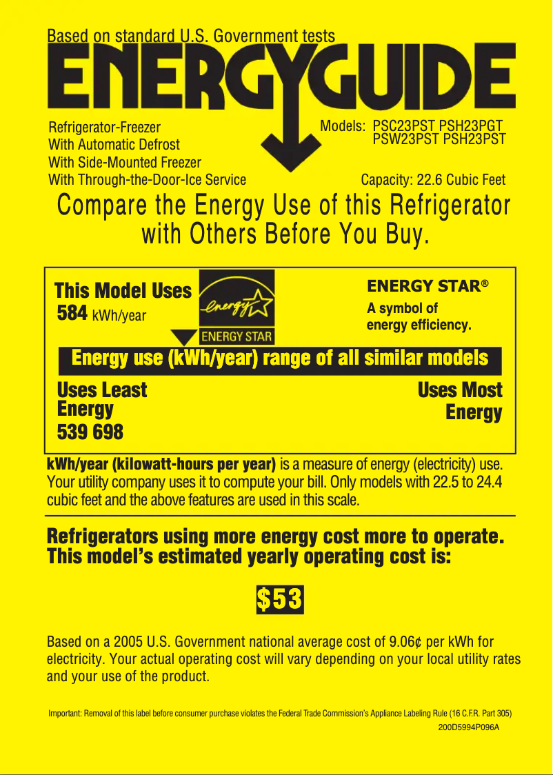 Page 1 de la notice Label énergétique GE PSC23PSTSS