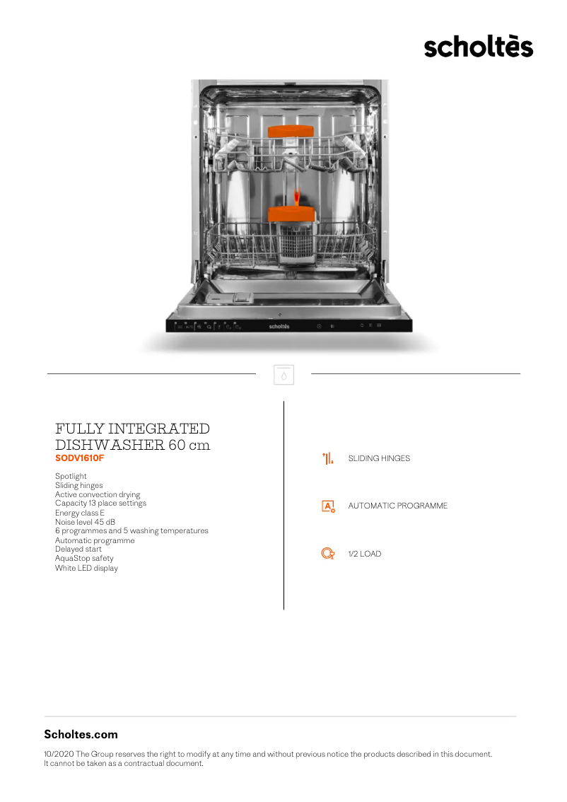Page 1 de la notice Fiche technique Scholtès SODV1610F