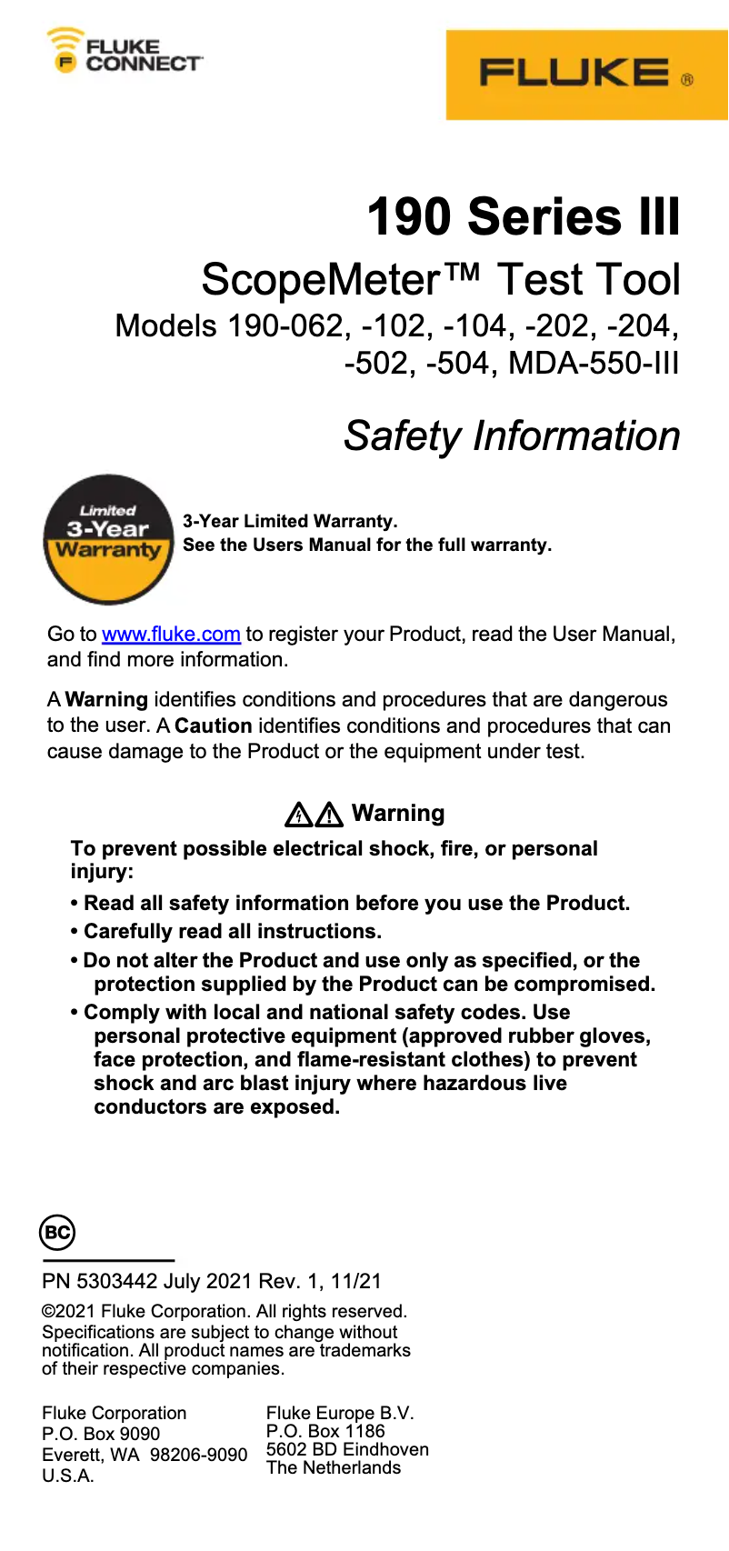 Page 1 de la notice Instructions de sécurité Fluke ScopeMeter 190