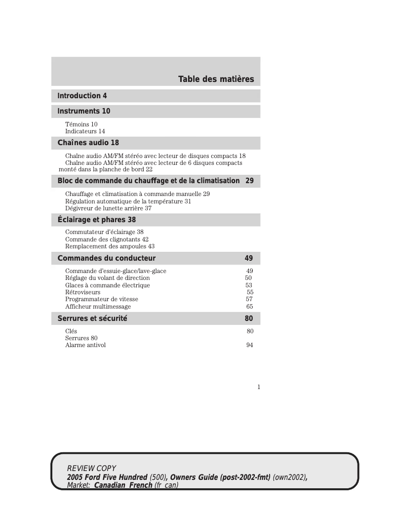 Image de la première page du manuel de l'appareil Five Hundred (2005)