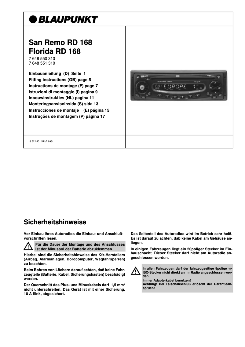 Page n°1 - Manuel utilisateur Blaupunkt San Remo RD 168
