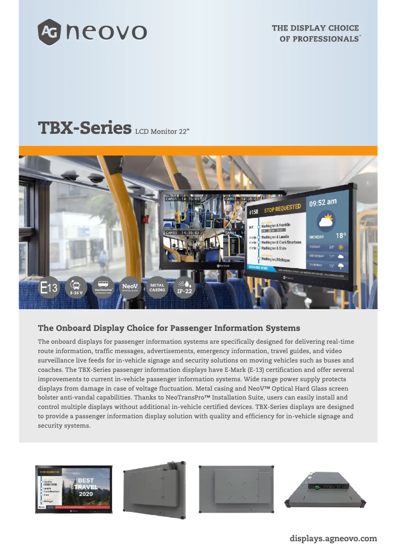 Page 1 de la notice Fiche technique AG Neovo TBX-2201