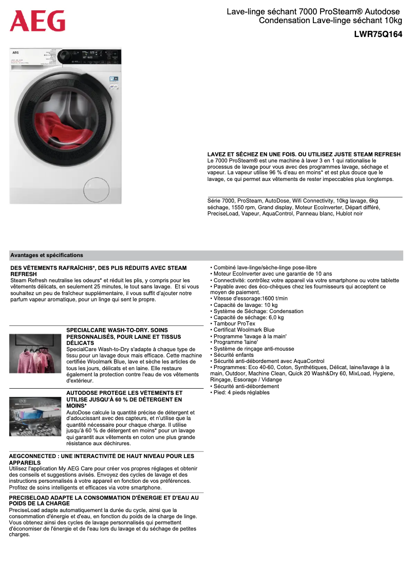 Page 1 de la notice Fiche technique AEG LWR75Q164