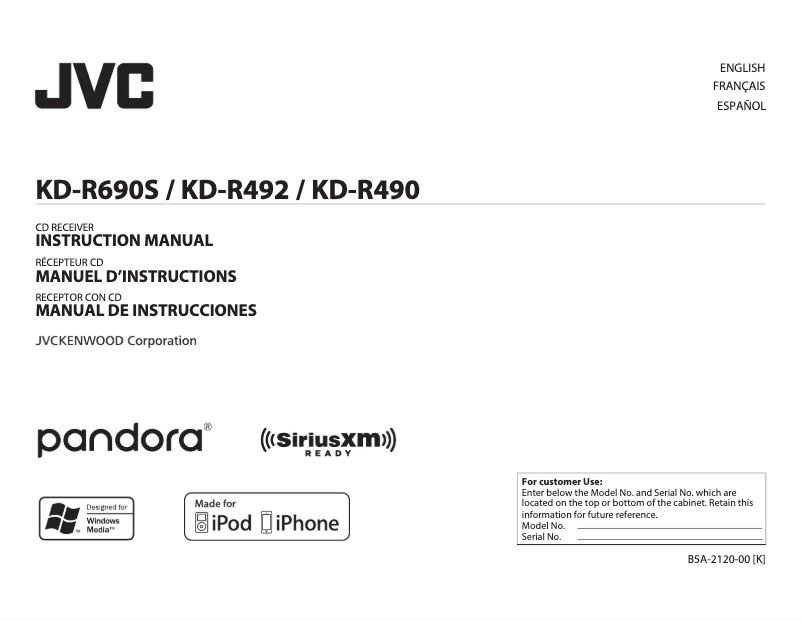 Page 1 de la notice Manuel utilisateur JVC KD-R490