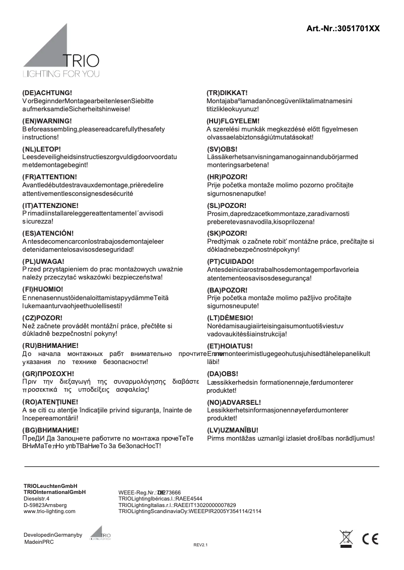 Page 1 de la notice Manuel utilisateur Trio Lighting Carlotta 305170132