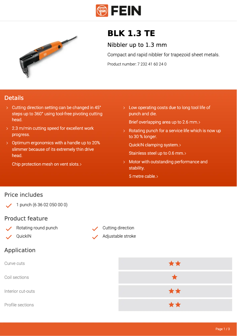 Página 1 del manual Ficha técnica Fein BLK 1.3 TE