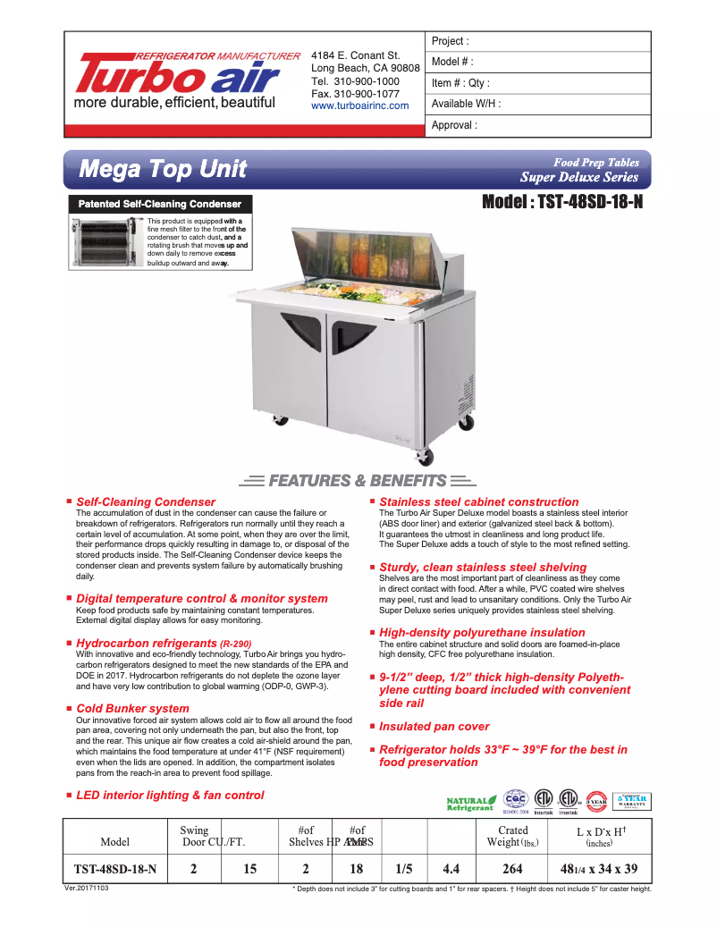 Page 1 de la notice Fiche technique Turbo air TST-48SD-18