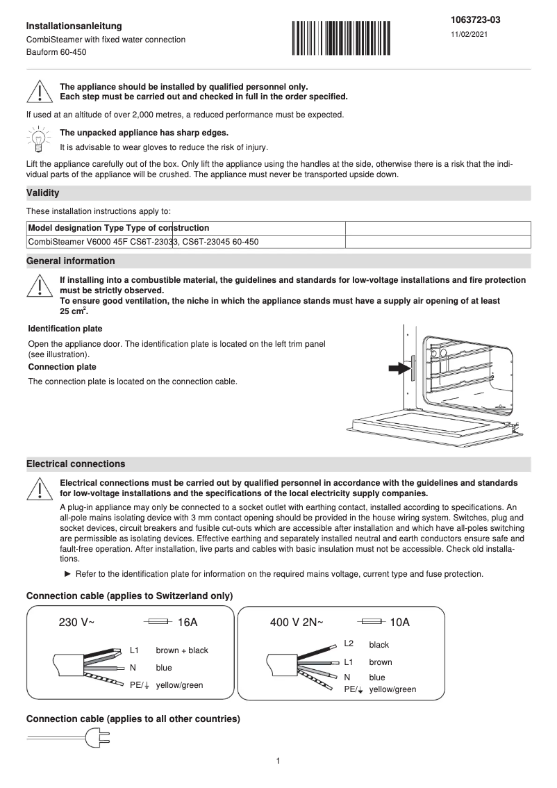 Page 1 de la notice Guide d'installation V-Zug CombiSteamer V6000