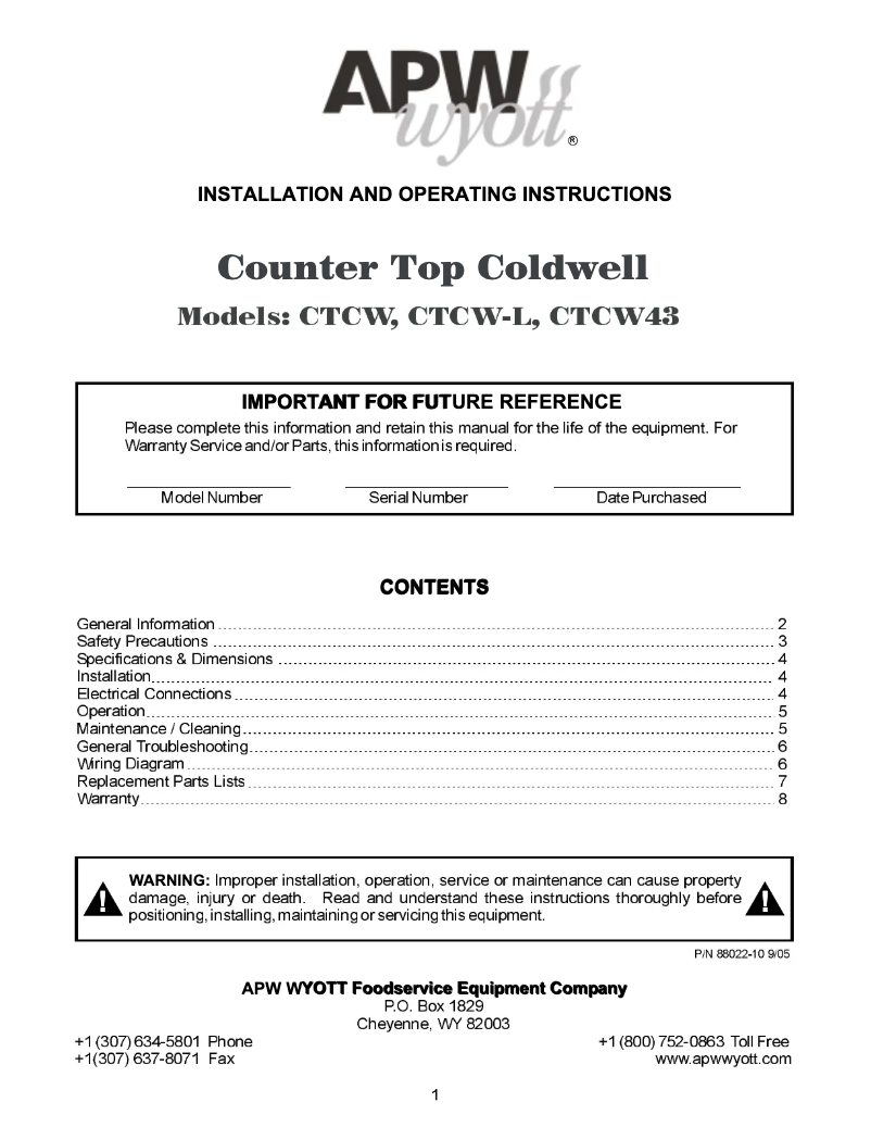 Page 1 de la notice Manuel utilisateur APW Wyott CTCW-43