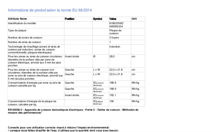 Page 1 de la notice Fiche technique Electrolux EIS62356IZ