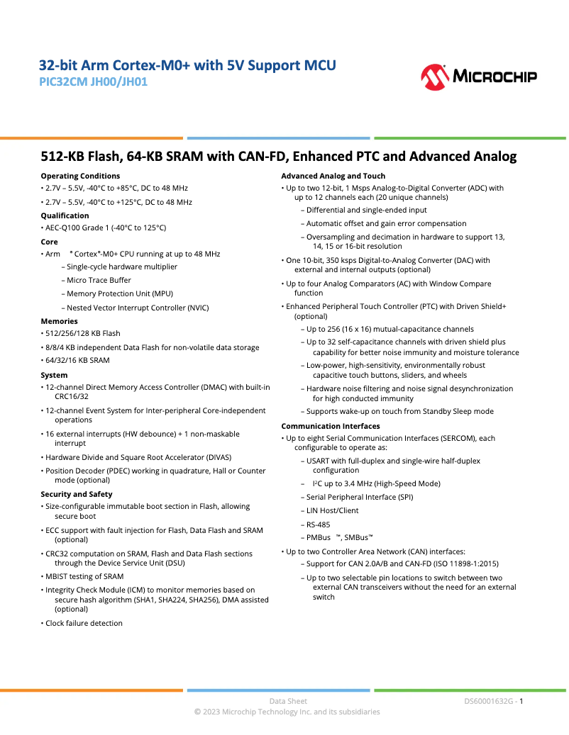 Página 1 del manual Ficha técnica Microchip PIC32CM2532JH01032