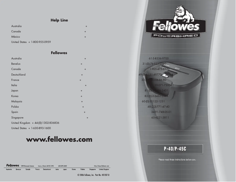 Page 1 de la notice Manuel utilisateur Fellowes Powershred P-45C