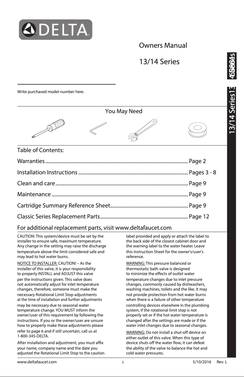 Page n°1 - Manuel utilisateur Delta T14238-SS