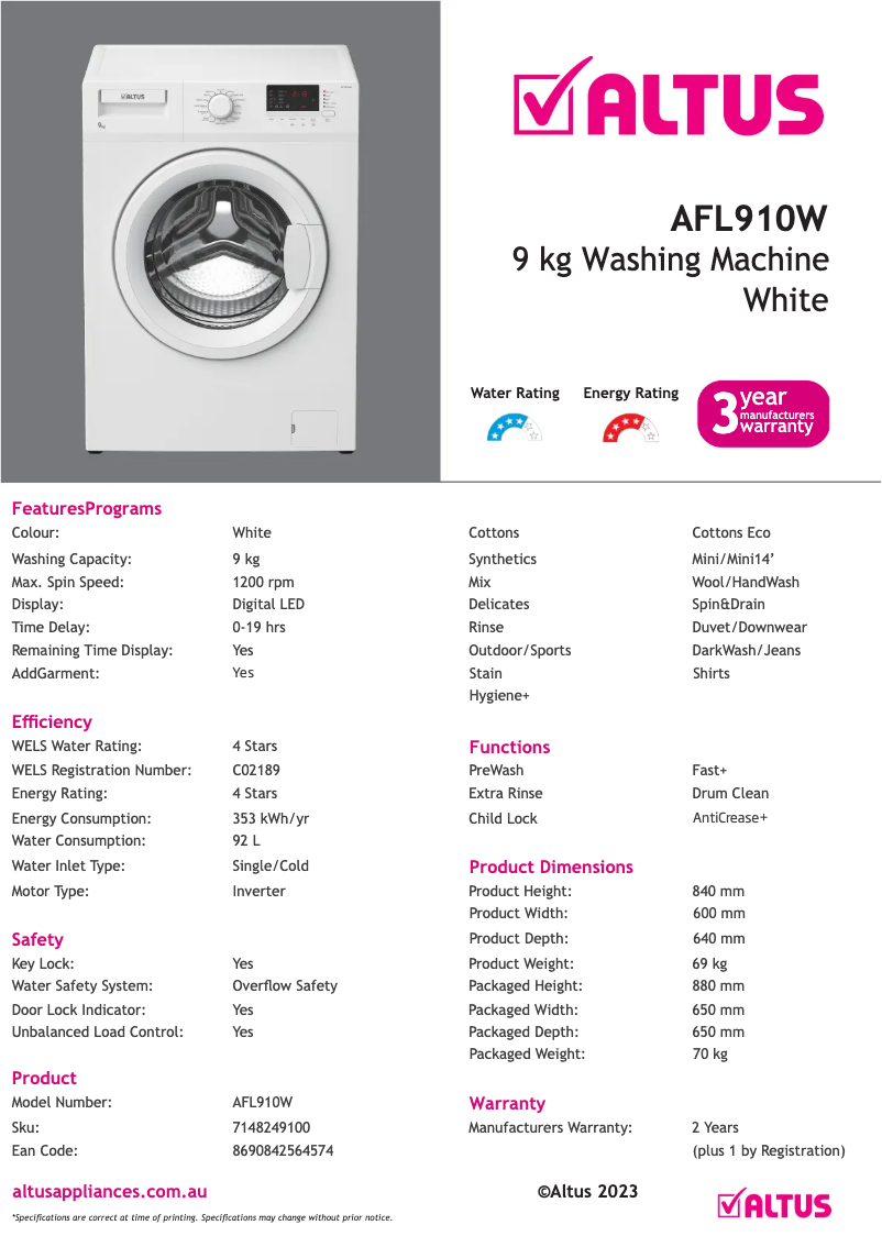 Page 1 de la notice Fiche technique Altus AFL910W