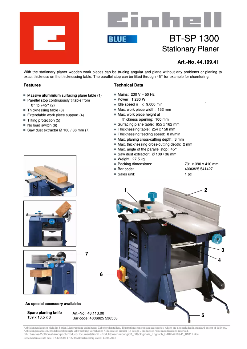 Page 1 de la notice Fiche technique Einhell BT-SP 1300