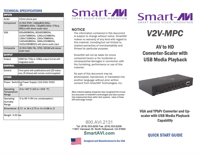 Page 1 de la notice Manuel utilisateur Smart-AVI V2V-MPC