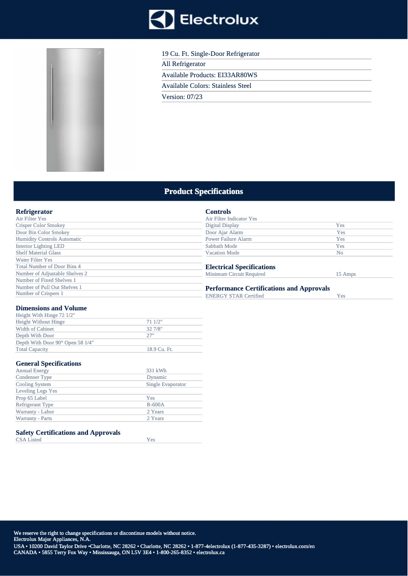 Page 1 de la notice Fiche technique Electrolux EI33AR80WS
