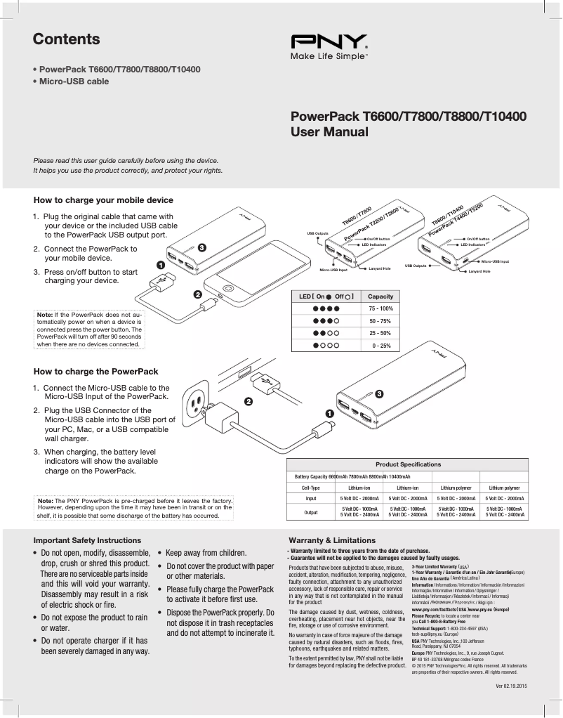 Page 1 de la notice Manuel utilisateur PNY PowerPack T10400