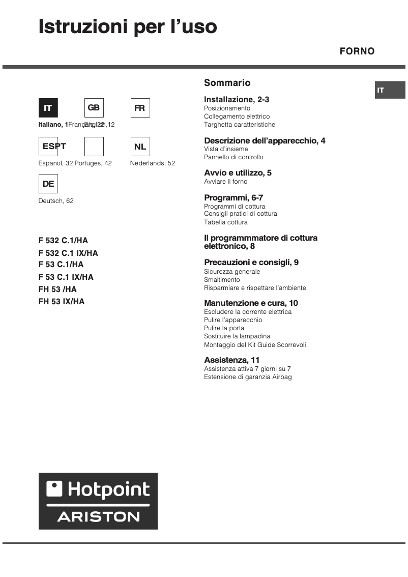 Page 1 of the manual User Manual Hotpoint Ariston F 532 C.1 HA