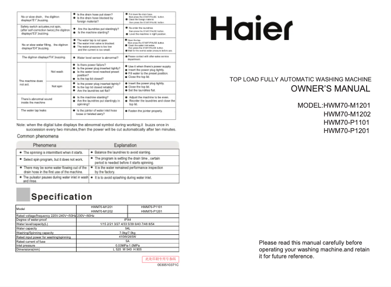 Page 1 de la notice Manuel utilisateur Haier HWM70-M1201