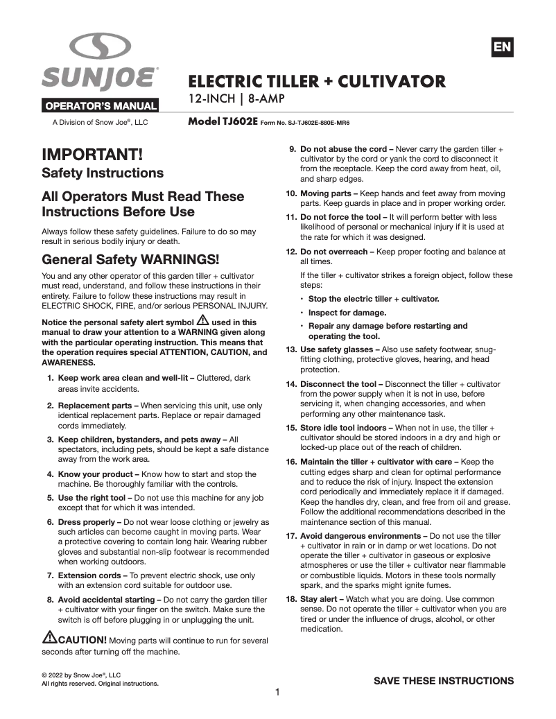 Page 1 de la notice Manuel utilisateur Sun Joe TJ602E