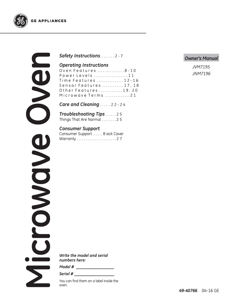 First page image of the manual for JVM7195DKWW