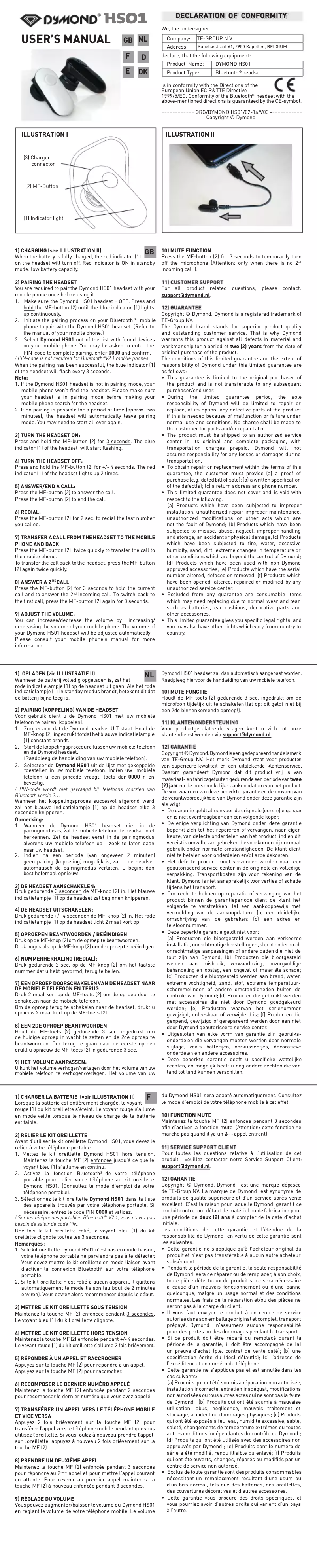 Page 1 de la notice Manuel utilisateur Dymond HS01
