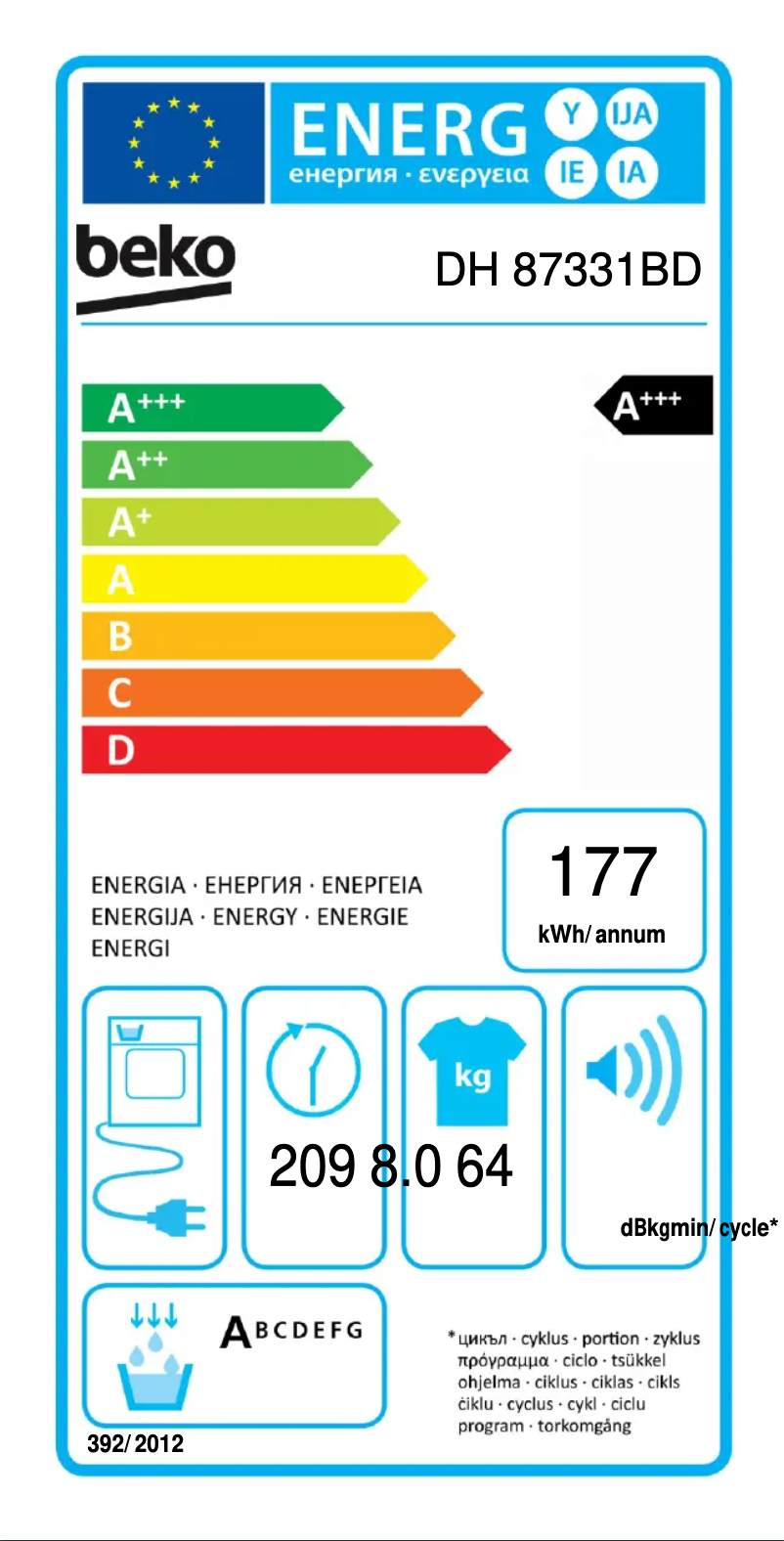 Page 1 de la notice Label énergétique Beko DH 87331 BD