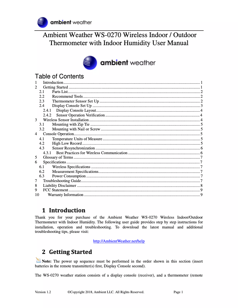 Page n°1 - Manuel utilisateur Ambient Weather WS-0270