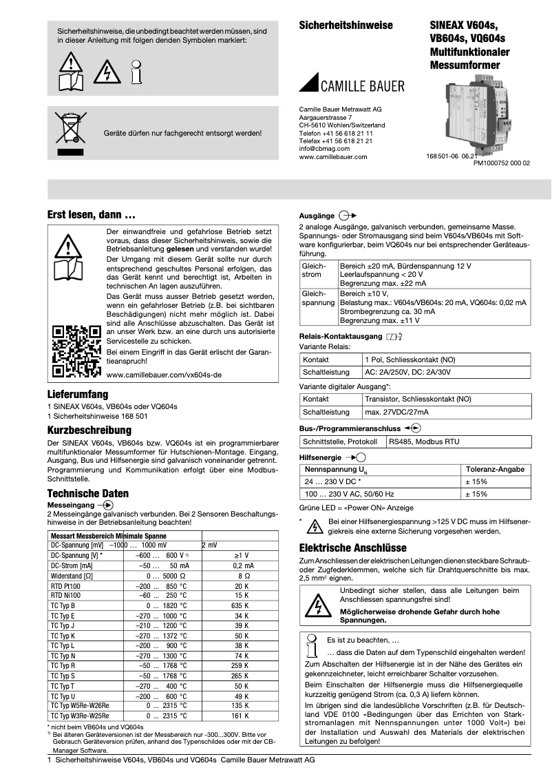 Page 1 de la notice Instructions de sécurité Camille Bauer Sineax V604s